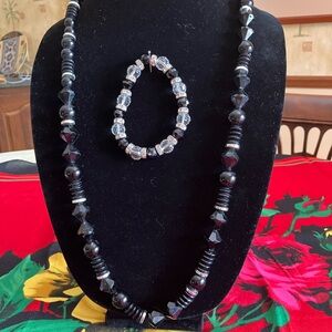 Black and silver Acrylic beaded necklace with crystal bracelet
